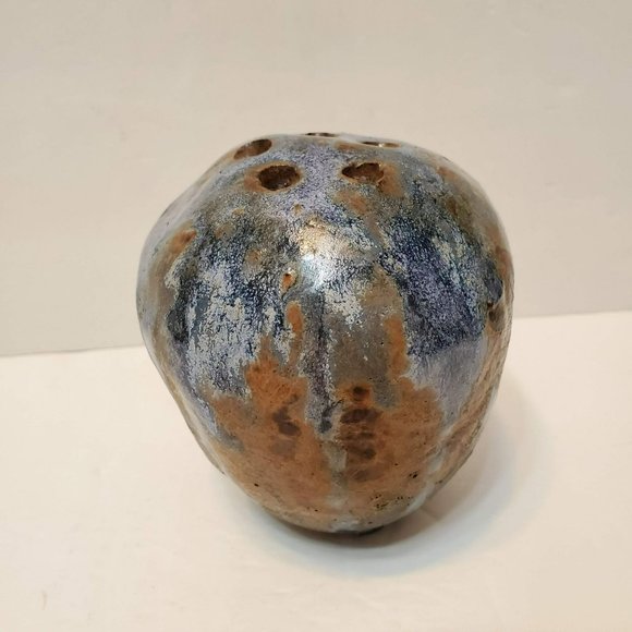 Art Pottery Vase, Flower Frog, Stoneware, Signed Studio Pottery, Blue Beige Pot - Picture 3 of 8